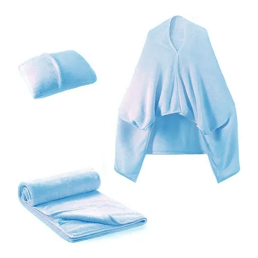 3-in-1 Portable Travel Blanket / Pillow / Wearable Shawl with Snap & Envelope Folding Design - 230GSM Soft Flannel Thickened Nap Blanket for Airplane Office Home, Space Saving & Machine Washable, Light Blue 60 x 70 inch