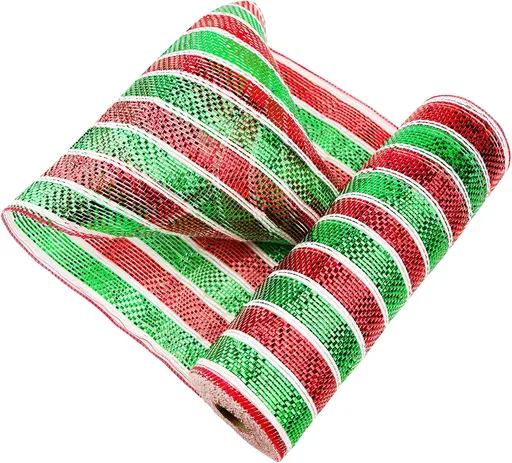 Mesh Ribbon Red and Green Metallic Foil Stripe 10 Inch for Christmas Tree Wreaths DIY Crafts