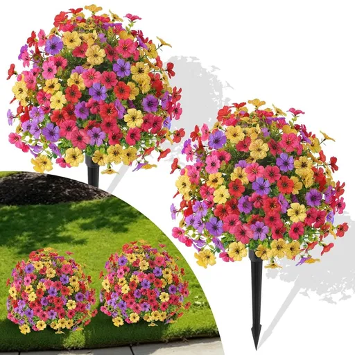 2/4PCS Artificial Flowers for Outdoor Indoor Garden Home Decoration, UV Resistant Faux Topiary Ball Flowers Bundles, Spring Decoration with Spike for Porch Patio Farmhouse
