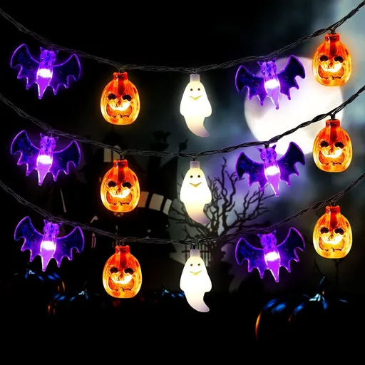 Halloween Lights, Pumpkin Ghost Bat String Lights Battery Operated with Timer, 8 Light Modes Halloween Fairy Lights for Indoor Outdoor Party Home Yard Window Decor - Orange - Size 20Ft 40 LED