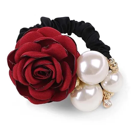 4Pcs Fashion Pearl Hair Rope Rose Flower Rhinestone Hair Ties/ Jewelry Rubber Band- Korean Fashion Pearl Hair Rope Rose Flower