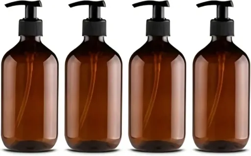 Set of 4 pump bottles 500 ML, transparent brown plastic soap dispenser, refillable shampoo bottle.