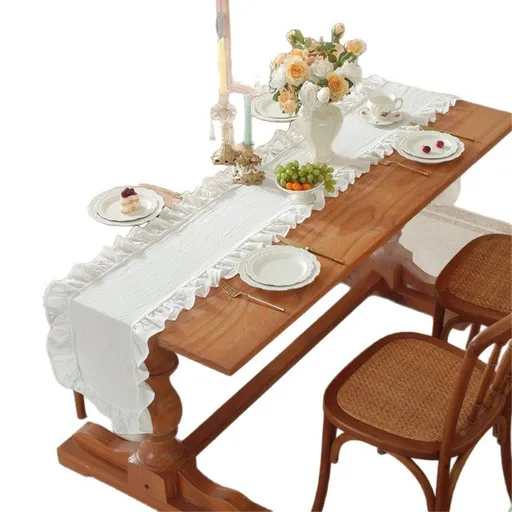 White Ruffle Table Runner Cotton Fabric 35*120CM Farmhouse Rustic Ruffled Edge Table Wedding Decor for Valentines Baby Bridal Party