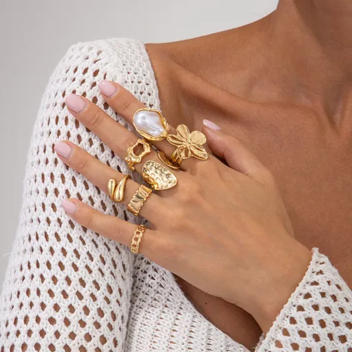 3 Colors Set of 7-Piece Liquid Lava Flower Stacking Open Rings with Imitation Pearls & Geometric Dripping Oil - Hollow Joint Knuckle Ring for Women, Gold + White + Orange