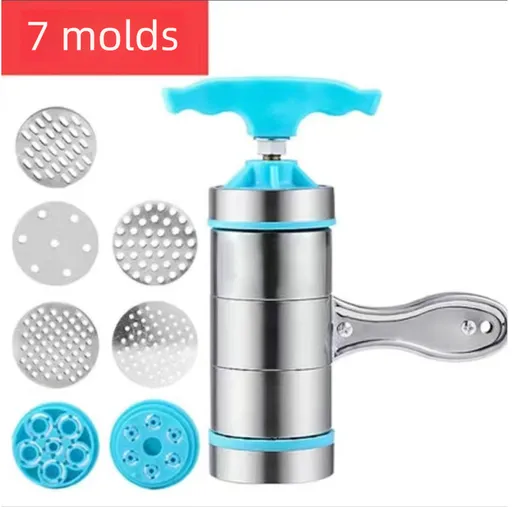 Blue Manual Stainless Steel Noodle Maker with Interchangeable Dies for Homemade Egg Noodles Flatbread and Dumpling Wrappers – Compact Kitchen Tool(Seven molds)