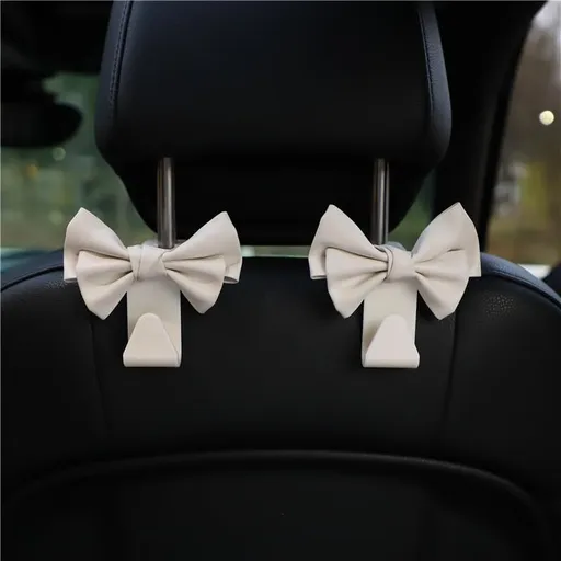 2 Pack Car Purse Hooks, Cute Bow Car Seat Headrest Hook Hanger for Purses and Bags, Space-Saving Car Accessory (Cream white)