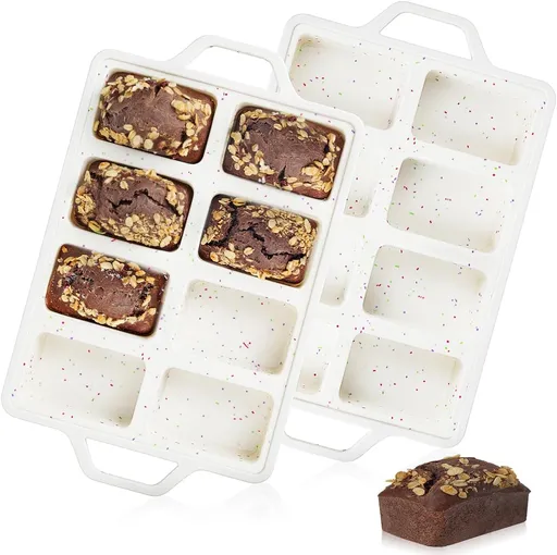 Mini Loaf Pans, Metal Reinforced Frame Silicone Bread Pans 8 Cavities Nonstick for Baking Cornbread, Bread, Brownie, Cheesecake, Chocolate 2 Pack Confetti Creamy 8-cup: 2.2"x3.5": 2pcs