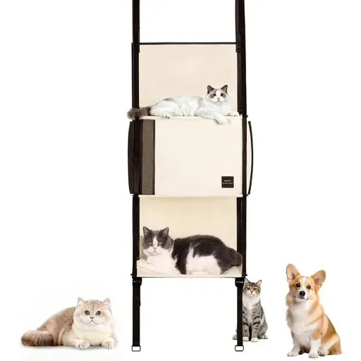 Space-Saving Over-the-Door Cat Hammock with Three Cozy Tiers, Breathable Mesh Lounges, and Sturdy Metal Frame for Multi-Cat Households, Perfect for Indoor Play and Rest Without Floor Footprint. (Beige)