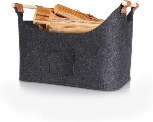wood basket - firewood basket - storage basket - Foldable felt firewood basket with wooden handles - Fireplace Wood Basket - firewood basket - storage basket for wood, toys and books - Firewood basket - Dark grey