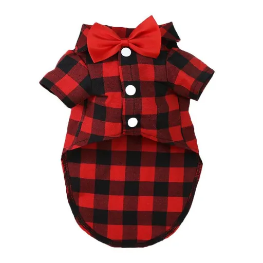Shine Dog Plaid Shirt Suit Wedding Teddy Red and Black Plaid Tie Shirt XS bust 30 back length 20cm