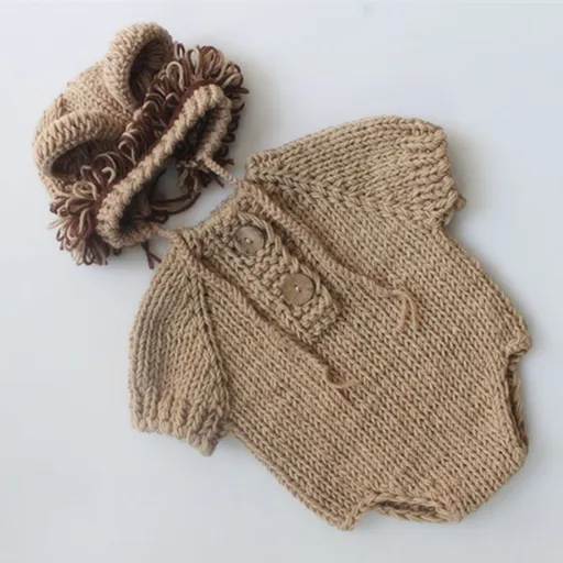 Baby Photography Props Newborn Boy Girl Photo Shoot Outfits Crochet Costume Infant Knitted Hat Sets（khaki）