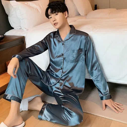 Plus Size Polyester Long Sleeve Sleepwear Trousers... 1290 Fog Blue Men's 3XL