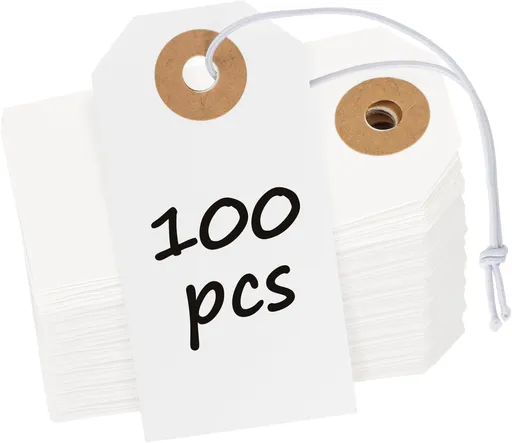 100 Pcs White Blank Shipping Tags with Elastic String Attached Cardstock Paper Hang Tag with Reinforced Eyelet Small Marking Price Tags Inventory Label Tag, 2 3/4" x 1 3/8"