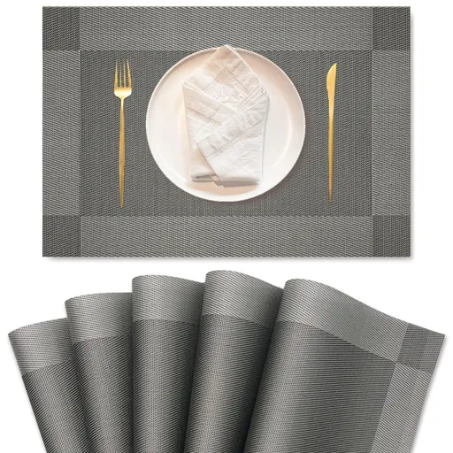 Table Placemats Set of 6 - PVC Heat-Resistant Placemats Washable Kitchen Table Mats Double Sided Placemats Easy (Silver Gray)