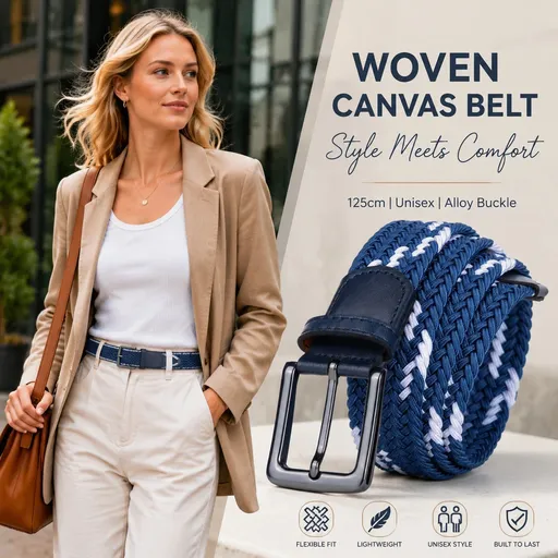 Elastic Stretch Canvas Belt 125cm Adjustable Woven Golf Strap Blue White Block