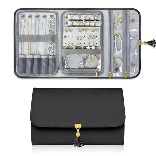 Black Jewelry Organizer, Vegan Leather Big Jewelry Travel Rolls with Clear Pockets, Tangle-Free Necklace Holder for Daily Jewels Earrings Rings Bracelets, Great Gifts for Women（excluding jewelry）
