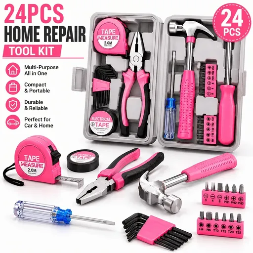 24-Piece Premium Carbon Steel Tool Set: High-End Pink Design, Rust-Resistant & Durable, Ergonomic Grip, Portable Storage, Practical for Home Repairs & Gifting