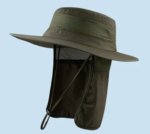 Wide Brim Sun Hat with Neck Flap UPF 50+ Protection Quick Dry Safari Cap Mesh Breathable for Fishing Gardening Hiking Outdoor Pitch Green