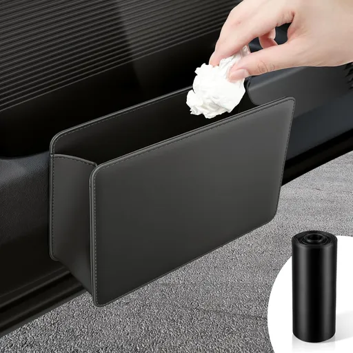 Car Door Trash Can, Leather Vehicle Bin, Mini Dustbin Garbage Container Can with 30 Pcs Bags, Foldable Storage Bag Organizer, Accessories Interior for Women Men, Black -