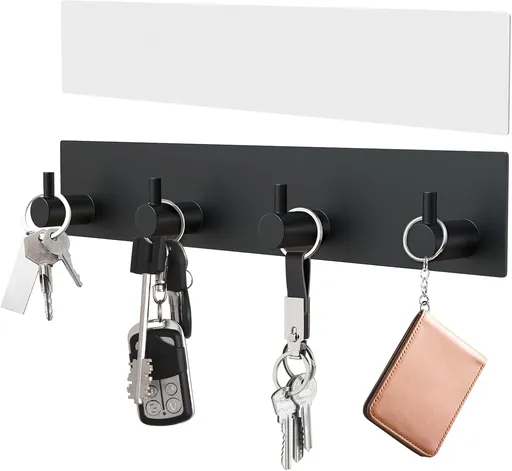 Key Holder Wall Mount, Large Metal Self Adhesive Key Hanger with 4 Hooks, No Drilling, Extra Adhesive Strip, Black