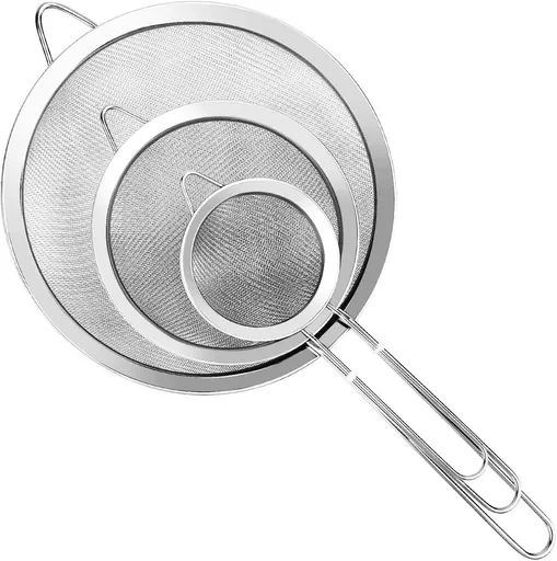Three-Piece Ultra Fine Metal Sieve Set - with Handles - Sizes Small, Medium & Large - Made of Stainless Steel - Suitable for Kitchen, Rice, Juice, Quinoa, Food, Flour & Baking.