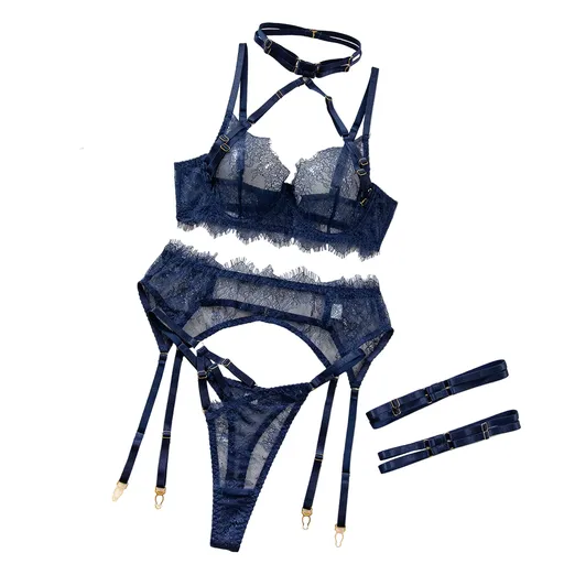 Sexy Lingerie Lace Temptation Eyelash Up Bodysuit Shapewear Cross Border Exclusive Supply Source - Dark Blue - L