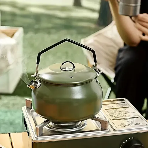 Portable Camping Kettle, 304 Stainless Steel, 1000ML Ultra-Light, Self-Standing Silicone Grip, Damping Lid, Dual-Ring Base（olive green）