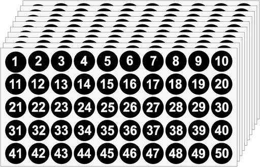 20 Sheets 1 to 50 Vinyl Small Round Labels Consecutive Number Stickers Waterproof Adhesive Inventory Stickers for Storage Box, Indoor Outdoor, Office & School Supplies