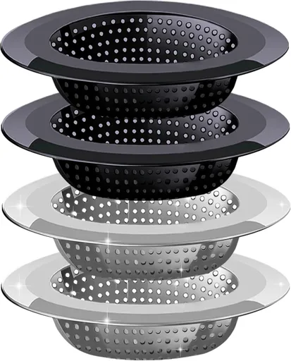 Kitchen Sink Drain Strainer, 4 Pack Stainless Steel and Black Mesh Strainer for with Large Wide Rim 4.5" Diameter, Filter 3" Basket Food Catcher -