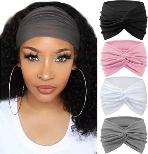 4 Pcs Turban Headbands for Women, Vintage Wide Knot Headwrap, Soft Elastic Hair Accessory, Black White Pink Gray