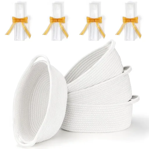 4 Pack Small Woven Basket with Handles, All 12"x 8"x 5", Cotton Rope Room Shelf Storage Basket, Cat Toys, Cute Baby Gift Bags and Ribbons for Nursery, Empty Decorative Chest Box White -
