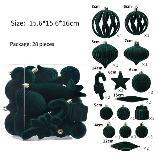 Flocked Christmas Bauble Set Minimalist Ins Style 28 Pack Dark Green