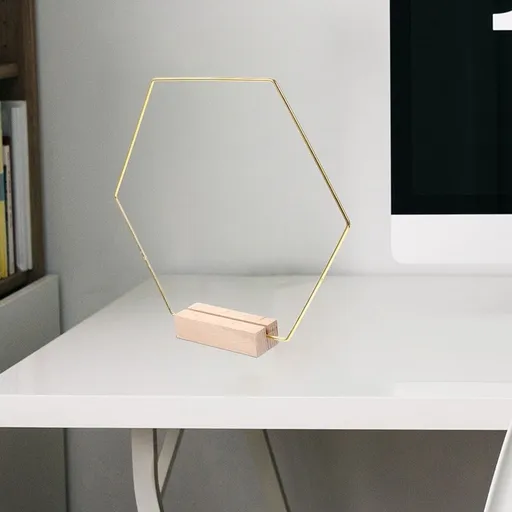 2Sets Golden Hexagonal Metal Hoop with Wooden Stand for Wedding Centerpiece Decoration