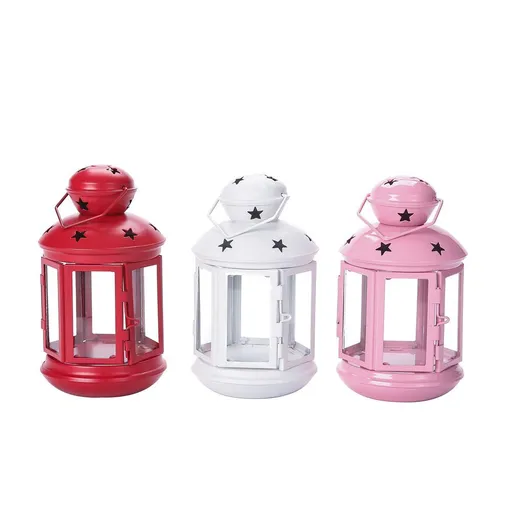 3-piece White and Pink and Red European Style Star Cutout Metal Candle Lantern - Handcrafted Iron & Glass Decorative Lamp for Christmas, Home, Wedding, Party Easy to carry - Perfect for Living Room, Bedroom, Study