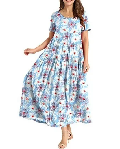Women Floral Long Dress Short Sleeve Polyester Picture Color 14 XXXL