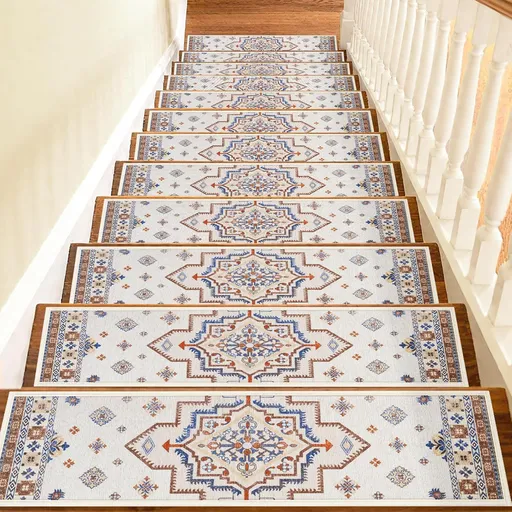 4 Pcs White Vintage Floral Non Slip Stair Treads, Adhesive Carpet Runners for Wooden Steps Pets and Seniors, 8 x 30 in