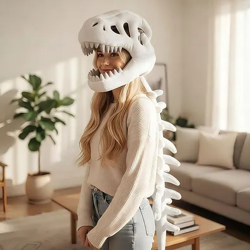 80CM White Funny Dinosaur Skeleton Plush Headwear – Quirky Bone Fossil Plushie Hat & Huggable Doll for Party Costumes and Birthday Gifts