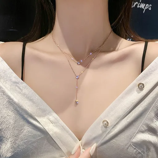 Stainless Steel Double Layers Cubic Zircon Charm Statement Collar Necklace Clavicular chain（Rose gold）