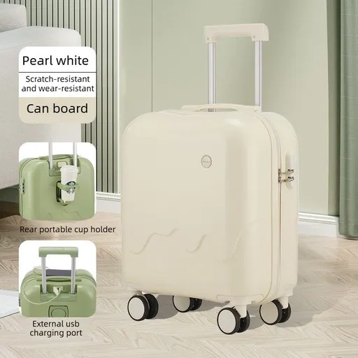 20 Inch Cute Carry On Suitcase, Hard Shell Cabin Luggage with USB Charging Port & Cup Holder, Lightweight Travel Trolley Case-Pearl White