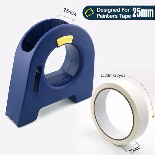 Masking Tape Dispenser with Serrated Metal Cutting Edge Ergonomic Arch Design for Painting Edging, Tile Grouting, Wall Trim and DIY Surface Protection (Blue Dispenser 25mm + 25mm White Tape)