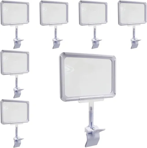 7 Pack White Acrylic Sign Holder with Clamp, 7x9 Inch Double Head Display Clips with Rotating Base and Sign Clip for Clothing, Retail, Boutique Display