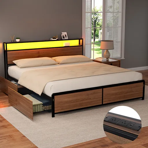 Artiss Metal Bed Frame King Size LED Storage Headboard USB Charge 4 Drawers