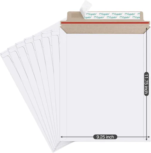 Eupako 9x11.5" 25 Pack Photo Document Mailer White Stay Flat Self-Seal Cardboard Envelopes for CDs, Pictures, Documents, 9.25 x 11.75 Inches