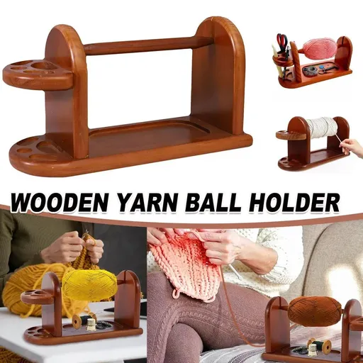 Wooden Yarn Spindle Holder with Scissors Organizer Solid Wood Knitting Tool Rack