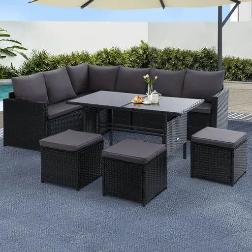 Gardeon Outdoor Furniture Dining Setting Sofa Set Lounge Wicker 9 Seater Black