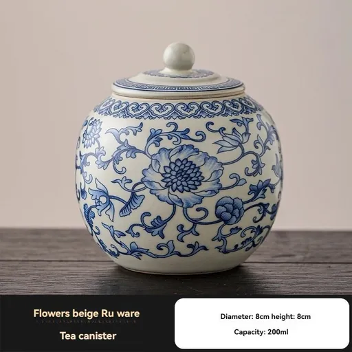 Ru Kiln tea jar, blue-and-white ceramic canister, airtight tea storage, floral tea container, Australian tea accessory - Cyan - Size 14