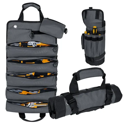 Portable Foldable Roll Up Tool Bag, Heavy Duty Tool Organizer Bag with 5 Compartments & 2 Detachable Pouches for Tools Storage, Waterproof Tool Roll Bag for Dad Men Electrician Mechanic Gifts - Gray - Size 21.3*12.6in