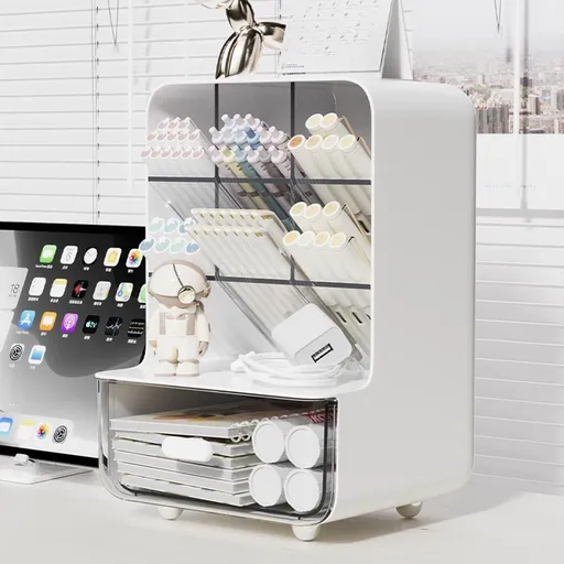 1 Piece Desktop Organiser with Brush Holder and Clear Drawers for Cosmetics, Pens and Tidy Bathroom or Office Storage, White