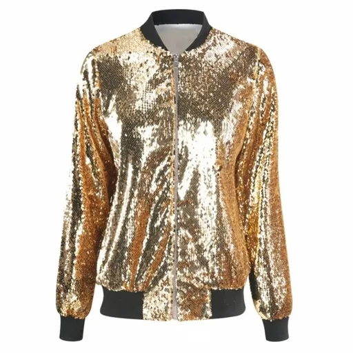 Women Sequin Baseball Jacket HANCY Loose Polyester Gold XXL