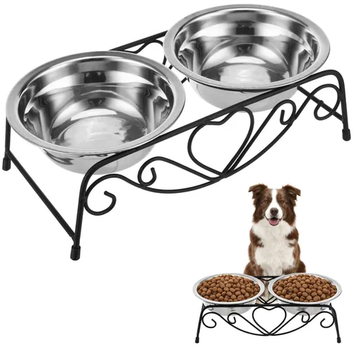 Elevated Double Dog Bowls with Stand for Comfortable Eating, 2 Stainless Steel Small Pet Food and Water Bowls Sized at 5.1", Anti-Slip Iron Raised Feeder for Cats and Dogs